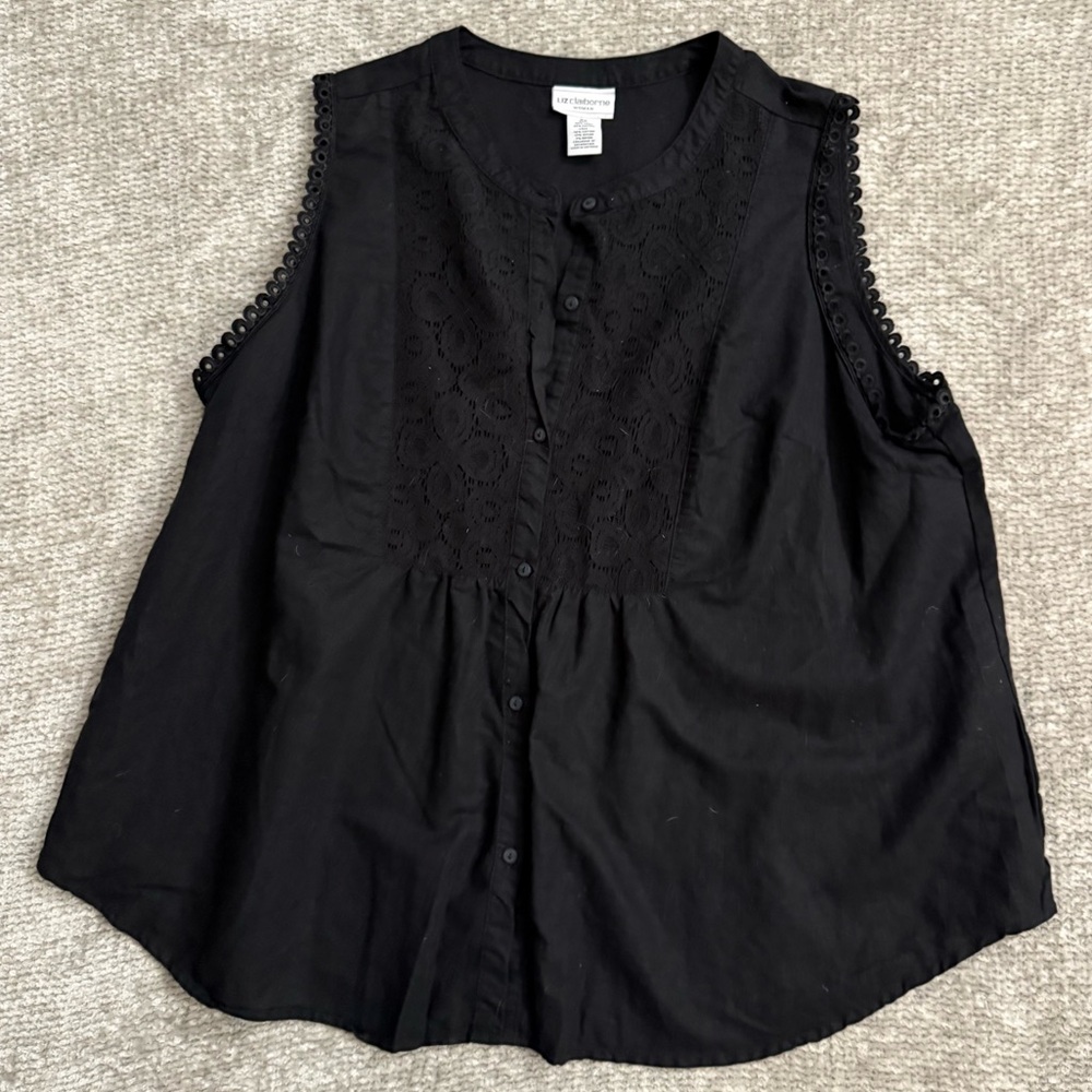 Liz‎ Claiborne Woman Black Linen Blend Sleeveless Button Blouse 0X